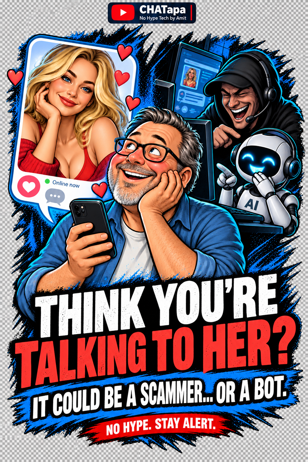 Think you're talking to her? It could be a scammer or a bot — No Hype. Stay Alert.