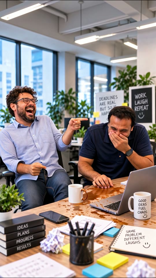 Amit Laughing at Desk — Vertical