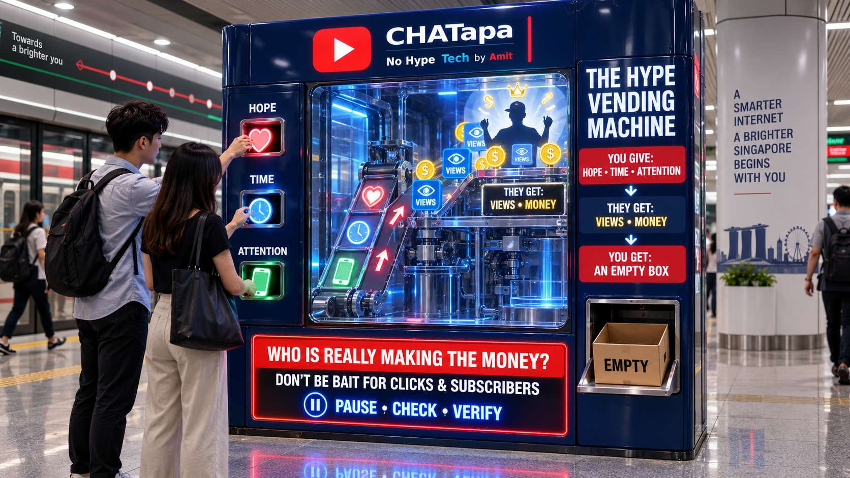 The Hype Vending Machine — you give hope, time and attention, you get an empty box
