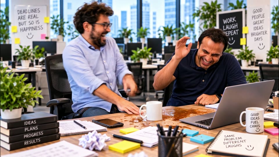 Amit Laughing at Desk — Horizontal